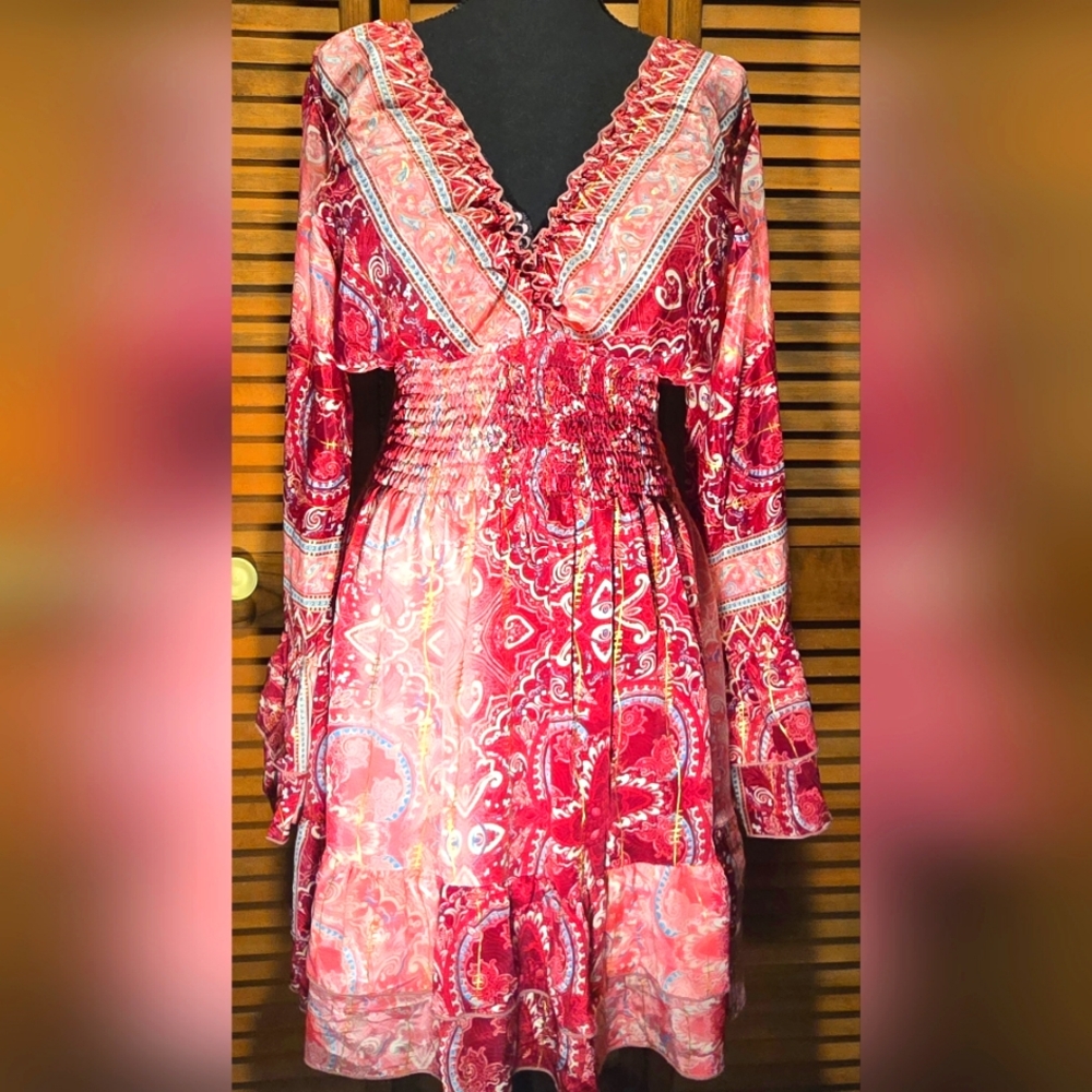 Pink and Red Ruffled Tiered Sundress with Bishop Sleeves